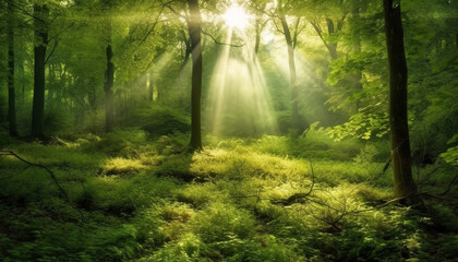 Fototapeta na wymiar Tranquil forest path, sunlight reveals nature mystery generated by AI