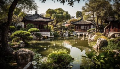 Fototapeta premium Ancient pagoda reflects tranquil sunset over pond generated by AI
