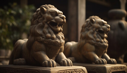 Majestic lion sculpture symbolizes ancient African royalty generated by AI