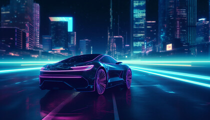 Fototapeta premium Futuristic sports car igniting city skyline reflection generated by AI