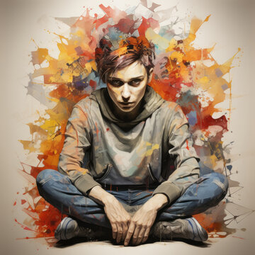Young schizophrenic man with psychological disorder suffering from hallucination, depression and anxiety - Conceptual illustration of mental illness, generative AI