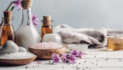 Fototapeta na wymiar Organic aromatherapy oil, mineral bath salt luxury spa generated by AI