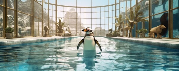 Sad penguin swimming in swimming pool in hotel, heats and clima change, panorama. Generative Ai.