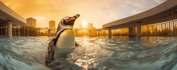 Sad penguin swimming in swimming pool in hotel, heats and clima change, panorama. Generative Ai.
