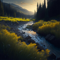 River in the forest, highland landscape. AI generated illustration