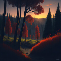 Deep forest, highland landscape. AI generated illustration
