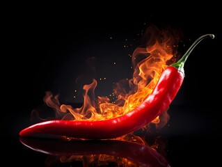 Red hot chilli pepper in fire on dark background - obrazy, fototapety, plakaty