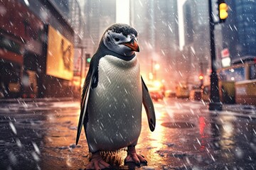 Sad penguin standing in city, heats and clima change. Generative Ai. - obrazy, fototapety, plakaty