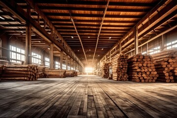Sunlit Lumber Warehouse: Stacks of Timber in Rustic Wooden Structure