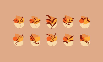 Autumn leaves collections with organic shapes element. Leaves elements collection. Set of autumn leaves element.