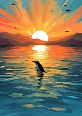 Swimming penguin in clear open water with sunset light. Generative Ai.