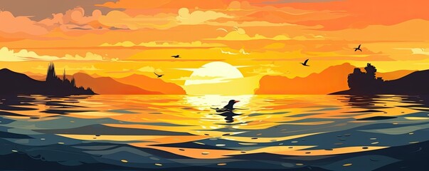 Swimming penguin in clear open water with sunset light, panorama. Generative Ai.