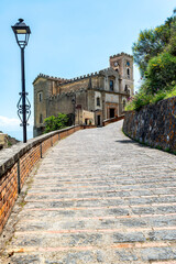 A view of the church S. Nicola of the village of Savoca, Sicily, Italy. The town was the location for the scenes set in Corleone of Francis Ford Coppola's The Godfather.