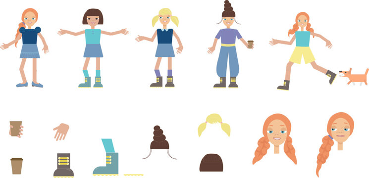 set with the ability to change hairstyles and images of different girls flat vector