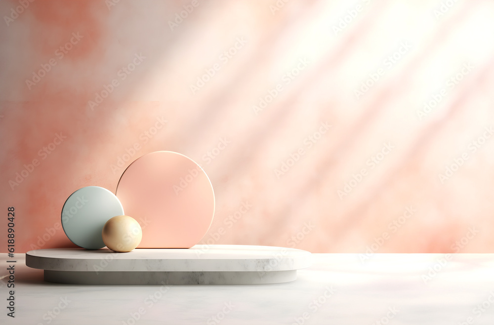 Poster abstract minimal concept. pastel muted colour background with podium and natural shadow, abstract ge