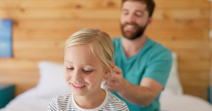 Girl, dad helping with braid and learning hair care, grooming and quality time with daughter and father in bedroom. Morning, routine together and parent to support and help child with plait on bed