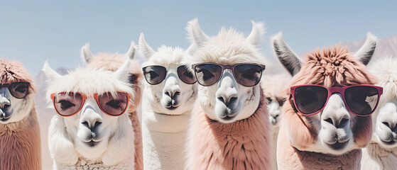 generative ai illustration of alpaca portraits with sunglasses on alpaca farm