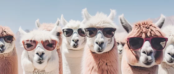 Foto auf Alu-Dibond generative ai illustration of alpaca portraits with sunglasses on alpaca farm © Claudia Nass