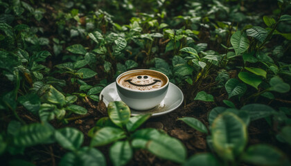 Fresh cappuccino in green saucer on wooden table generated by AI