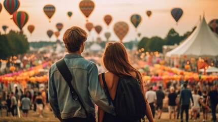 A young couple walks to the festivals of hot air balloons. Created with AI.