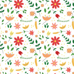 Fototapeta na wymiar Seamless floral colorful pattern in retro doodle scandinavian style. Red and pink plants.