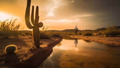 Silhouette of saguaro cactus at sunset reflection generated by AI