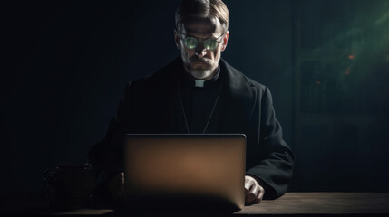 Portrait of a priest in a temple with a laptop, a shepherd in a cassock works at a computer, a hacker hacks into the worldwide web. Created with AI. - obrazy, fototapety, plakaty