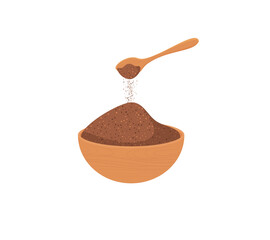 Vector illustration ground cinnamon in a wooden bowl on white background.