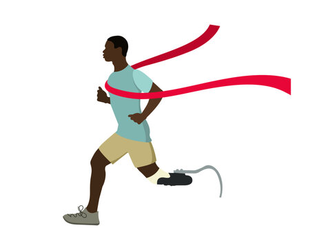An African man with a prosthetic leg was the first to reach the finish line with a red ribbon. 