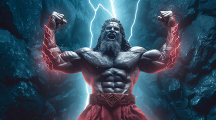 Fototapeta na wymiar The male figure of a mythological deity, a muscular Zeus in lightning bolts and fiery veins on strong arms. Created with AI.