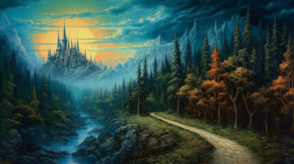Fototapeta na wymiar Oil painting, road to a medieval castle through landscapes of different seasons. Created in AI.