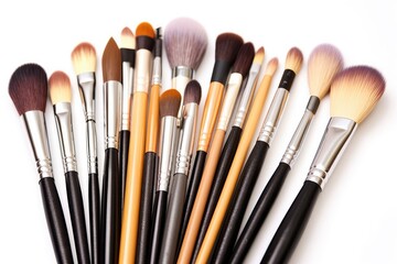 Fototapeta premium Assorted Makeup Brushes: Professional Variety, Close-Up on White Background