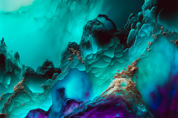 Fluid Art. Liquid jade green, blue and purple waves. Generative AI illustration