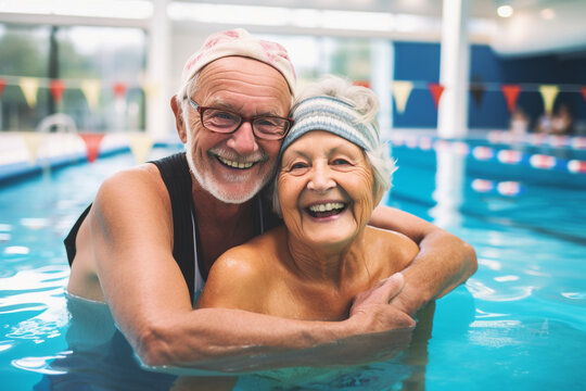 Senior couple on the pool. Laughter at the swimming pool side. Togetherness and marriage concept. Happy laughing caucasian senior adult couple hugging and looking at camera. Indoor shot. Sports area