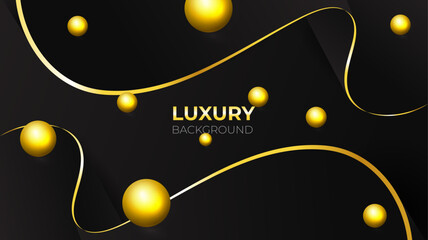 Black luxury background with golden ribbon elements and light effect decoration and golden shape. Vector illustration.
