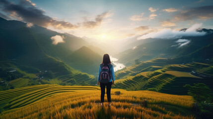 Fototapeta premium tourist Taking pictures on the top of the mountain, Ninhbin, Vietnam,ai generater