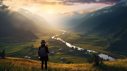 Fototapeta premium tourist Taking pictures on the top of the mountain, Ninhbin, Vietnam,ai generater