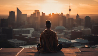 Skyscraper rooftop, cityscape sunset, serene meditation scene generated by AI