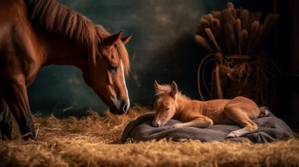 Fotobehang A horse with a newborn foal in a stall. Beautiful horse family, photography in the studio. Created in ai. © Ренат Хисматулин
