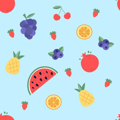 Pattern mix of fruits, watermelon, pineapple, pomegranate, grapes, strawberry. Vector
