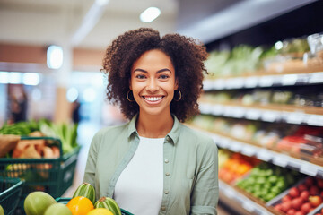 happy african woman shopping in a grocery store, demonstrating informed consumer. Brazilian woman.