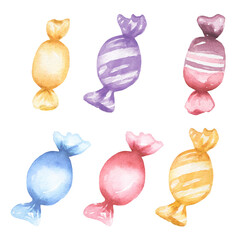 Set of candies in multicolor wrappers illustration. Elements are painted in watercolors.