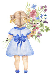 Watercolor little girl with flowers. Cute kids illustration. Baby Girl in blue dress. Big wildflowers bouquet. Schoolgirl clipart