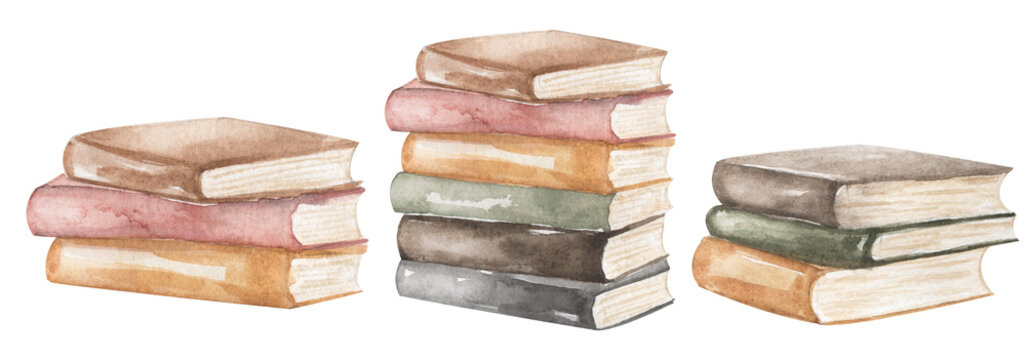 Set of old books set,  vintage books. Watercolor illustration.