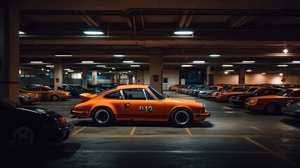 Fototapeta na wymiar Orange Supercar parked on parking. Car in the parking area. Auto in a multi-story car park.