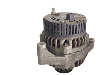 car alternator standing on its pulley. aluminium alloy housing, with vent holes, black plastic back cover. old alternator assembly, dismantled from car for replacing, isolated on white background