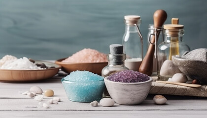 Fototapeta na wymiar Mineral salt bowl for aromatherapy spa treatment generated by AI