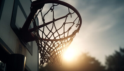 Sunlit basketball hoop, netting swishes, competitive success generated by AI