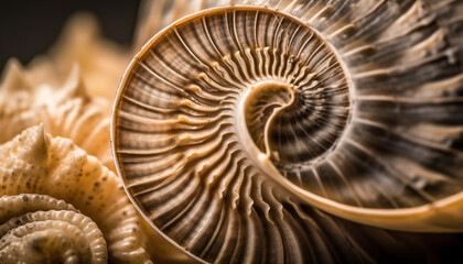 Obraz premium Spiral seashell, ancient fossil, beautiful nature design generated by AI