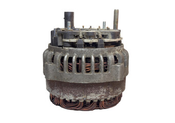 car alternator, partially disassembled, standing on its stator. protective plastic cover and front...
